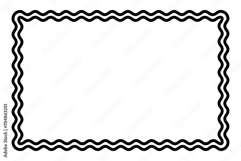 Two bold wavy lines forming a rectangle frame. Decorative and snake-like rectangular border, made by two serpentine lines. Isolated black and white illustration, on white background. Vector. - obrazy, fototapety, plakaty 