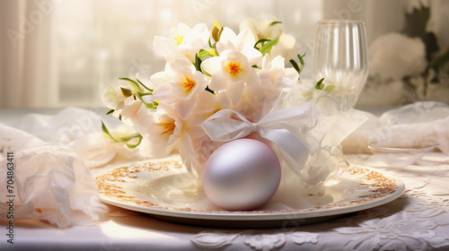 easter table setting with flowers A baby clothes laying on a white table next to a bouquet of flowers