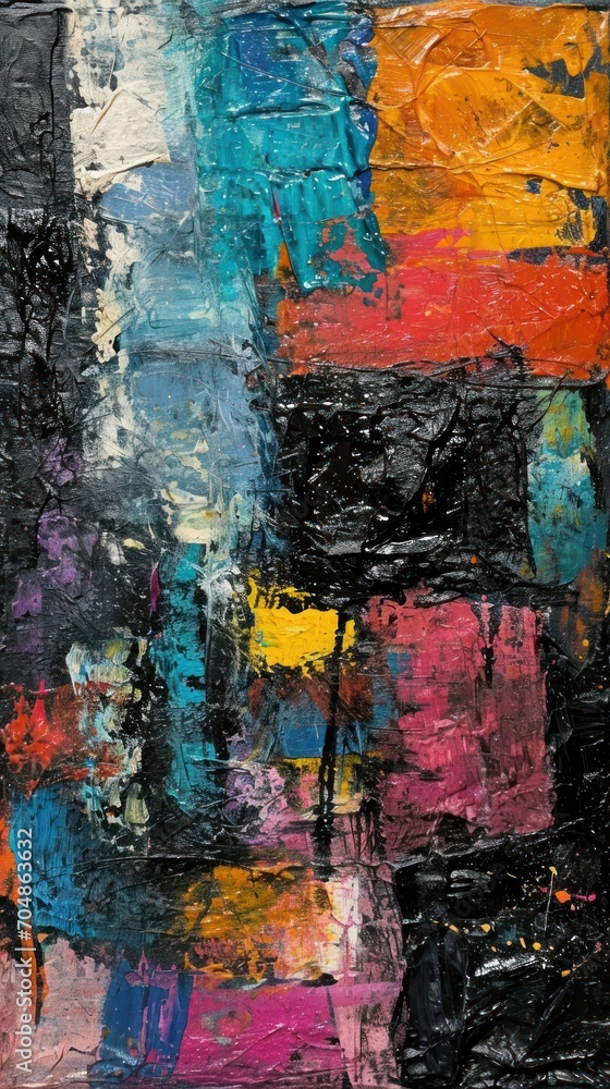  a close up of a painting with many different colors of paint and a black background with white, yellow, red, blue, and pink.
