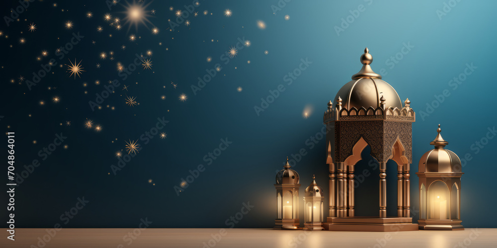 Ornamental Arabic lanterns with burning candle glowing. space for text Ornamental Arabic lanterns with burning candle glowing. space for text