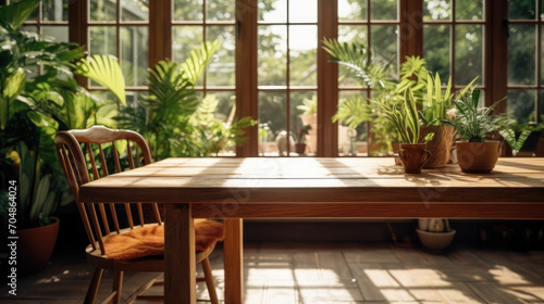 Interior of a cosy rustic kitchen with a dinning table and potted plants