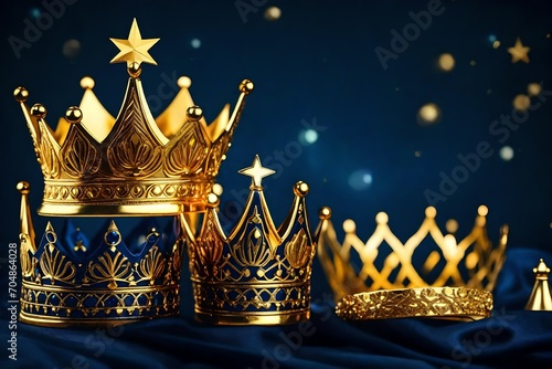 shiny golden crowns on navy blue background. Three Kings day or Epiphany day holiday celebration night