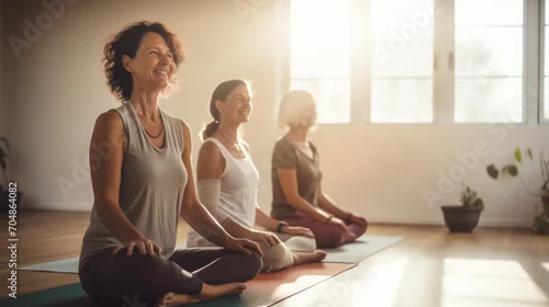 Fototapeta na wymiar Group of women smiling during yoga or pilates exercise in yoga hall	
