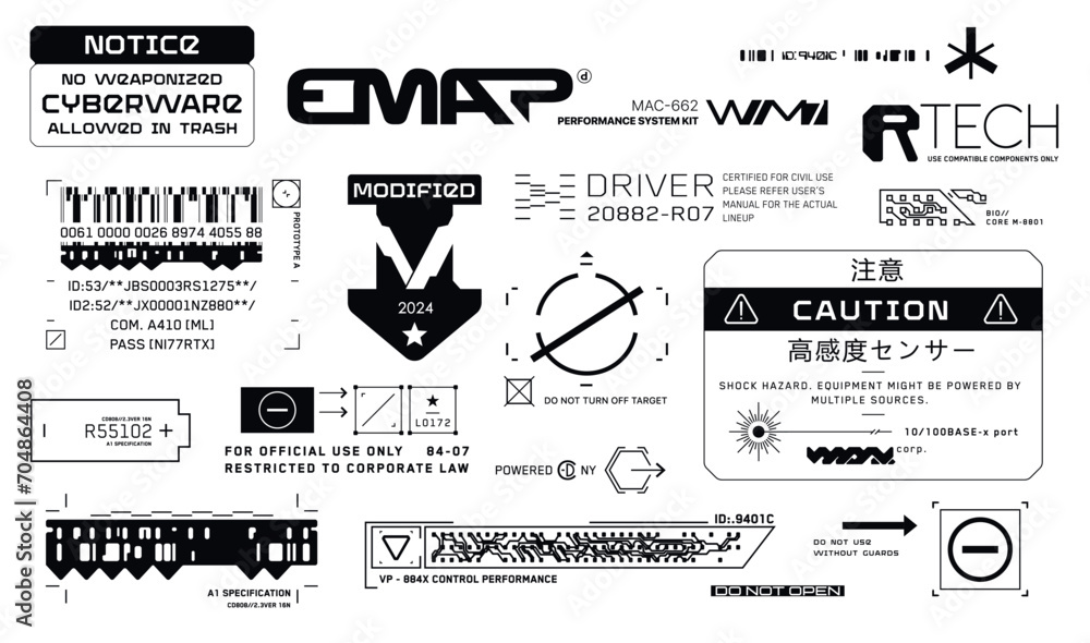 Cyberpunk decals set. Set of vector stickers and labels in futuristic style. Warning signs, futuristic Inscriptions and technical symbols. Japanese hieroglyphs Notice, High sensitivity sensor - obrazy, fototapety, plakaty 