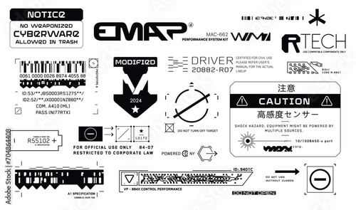 Cyberpunk decals set. Set of vector stickers and labels in futuristic style. Warning signs, futuristic Inscriptions and technical symbols. Japanese hieroglyphs Notice, High sensitivity sensor photo