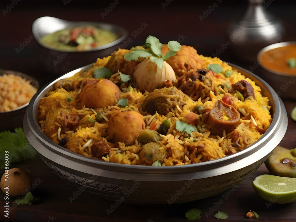 chicken biryani , spicy biryani in a plate , briyani surving , biryani in restraunt , tasty rice