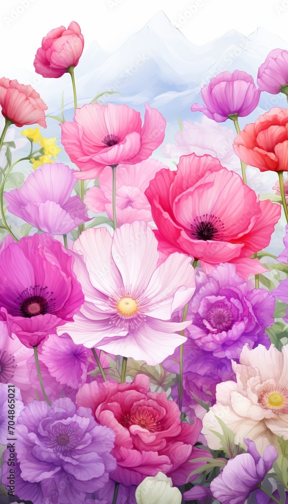 Vibrant Anemone Flowers with Mountain Backdrop Vibrant Anemone Flowers with Mountain Backdrop