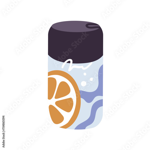 Infused water with citrus slice, orange piece in plastic bottle. Homemade lem...