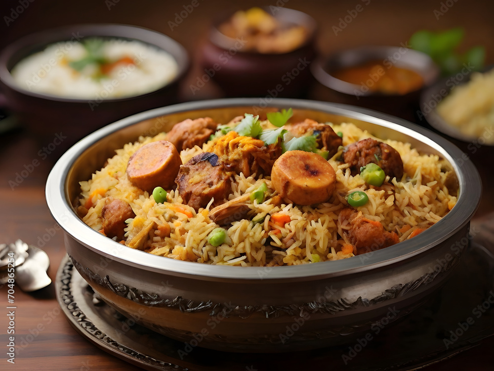 chicken biryani , spicy biryani in a plate , briyani surving , biryani in restraunt , tasty rice