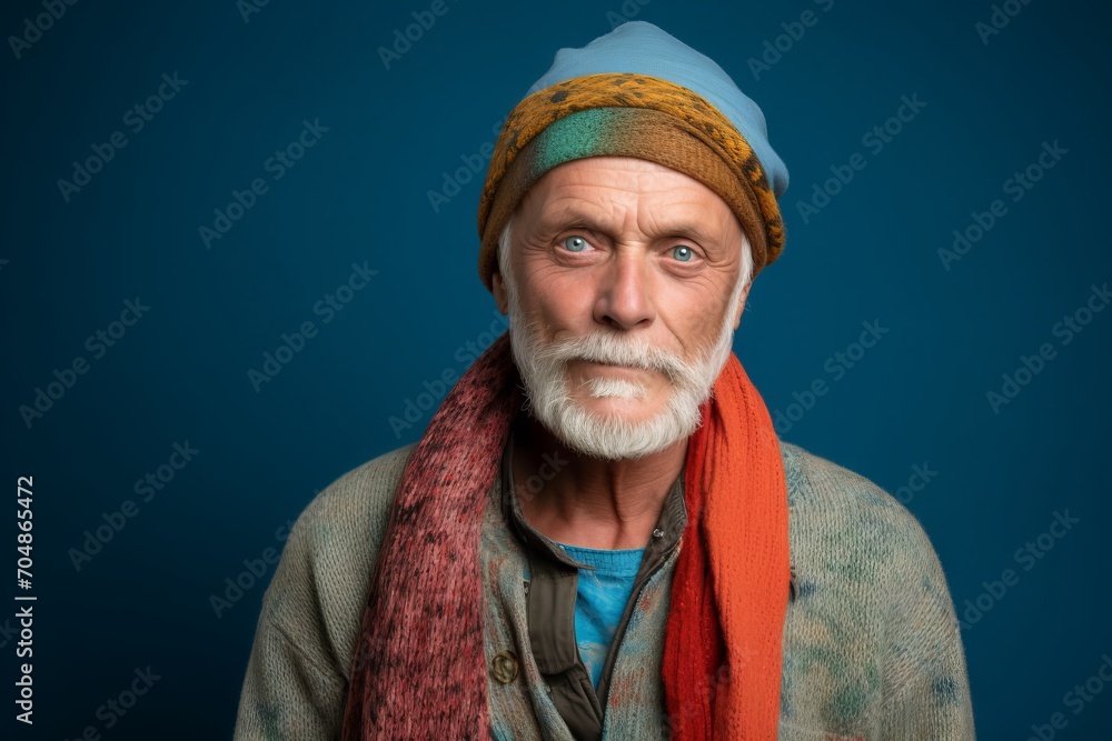 Portrait of an elderly man with a gray beard and a red scarf on a blue background. Portrait of an elderly man with a gray beard and a red scarf on a blue background.