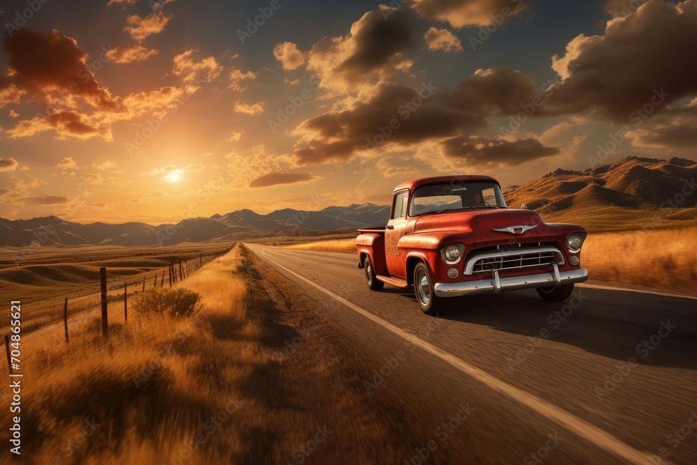 An old red truck drives down a peaceful country road surrounded by picturesque scenery, A pick-up truck on an open road in the American countryside, AI Generated