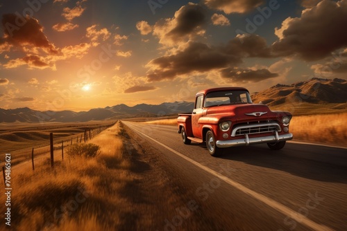 An old red truck drives down a peaceful country road surrounded by picturesque scenery, A pick-up truck on an open road in the American countryside, AI Generated