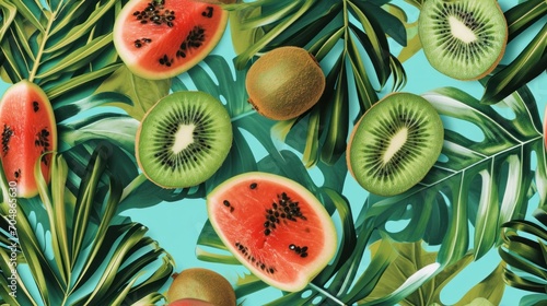  a close up of a bunch of fruit on a blue background with palm leaves and a kiwi cut in half. © Olga