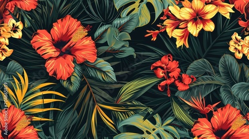  a bunch of red and yellow flowers on a green and yellow background with leaves and flowers on a black background.