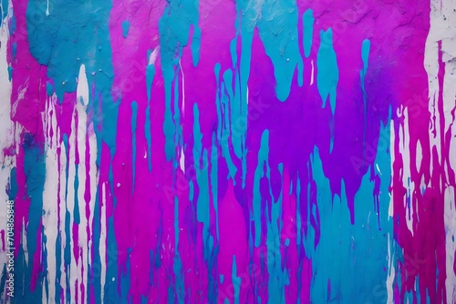 Messy paint strokes and smudges on an old painted wall. Purple  blue  pink  magenta  white drips  flows  streaks of paint and paint sprays 