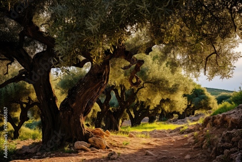 An enchanting dirt road winding through a dense forest of towering trees, A picturesque olive grove under the Mediterranean sun, AI Generated