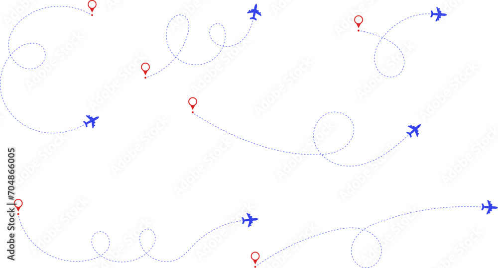 Airplane route. Route icon - two points with dotted path and location pin. Route location icon two pin sign and dotted line. Travel vector icon.