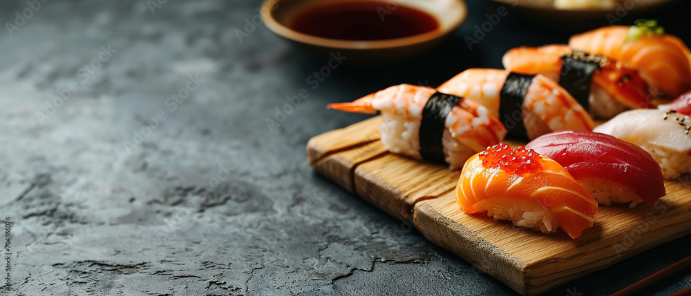 Nigiri sushi, with empty copy space, minimalist, traditional, dining room, natural light, professional food photography
