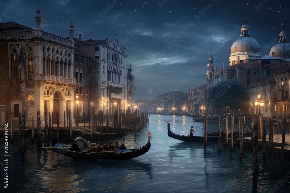A gondola glides across a canal, illuminated by the night and its surrounding lights, A picturesque view of Venice on Valentine's Day, AI Generated