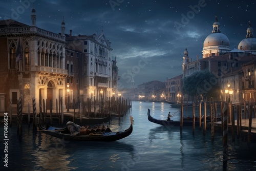 A gondola glides across a canal, illuminated by the night and its surrounding lights, A picturesque view of Venice on Valentine's Day, AI Generated © Iftikhar alam