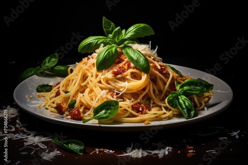 A delicious plate of spaghetti served with a flavorful tomato sauce and garnished with fresh basil, A plate of spaghetti tangled with fresh basil and parmesan, AI Generated