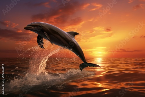A stunning image of a dolphin gracefully leaping out of the water against a vibrant sunset backdrop, A playful dolphin leaping out of the sea during sunset, AI Generated © Iftikhar alam