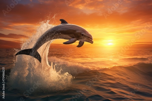 A majestic dolphin leaps out of the water against the stunning backdrop of a colorful sunset, A playful dolphin leaping out of the sea during sunset, AI Generated