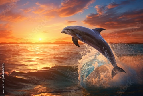 Witness a mesmerizing sight as a dolphin gracefully propels itself out of the glistening water against a stunning sunset backdrop, A playful dolphin leaping out of the sea during sunset, AI Generated © Iftikhar alam