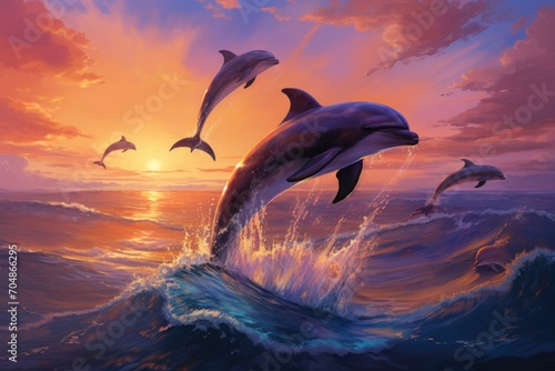 Breathtaking moment of three dolphins leaping out of the water against the backdrop of a stunning sunset  A pod of dolphins joyfully leaping over ocean waves under the twilight sky  AI Generated