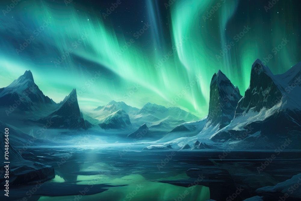 Majestic Painting of a Green and Blue Aurora Borealis Captivating the Night Sky, A polar landscape showing gleaming icy glaciers under the Northern lights, AI Generated
