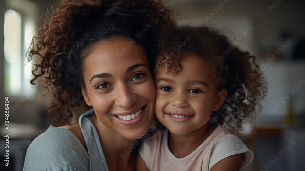 Mom and daughter smiling and hugging in living room Mom and daughter smiling and hugging in living room