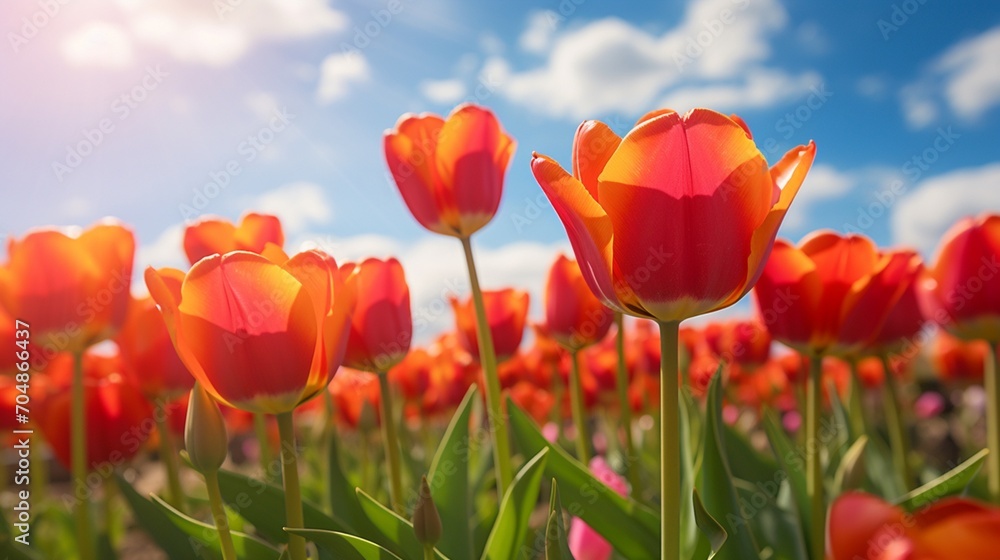Fototapeta premium Spring landscape field with colorful tulips