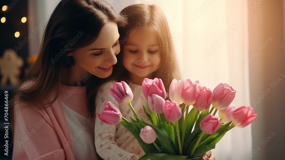 Daughter congratulates her mother and gives her a bouquet of tulips