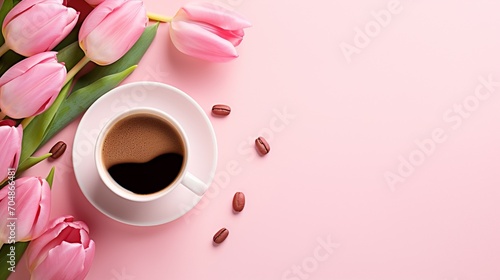 Top view cup of coffee with pink tulips #704866481