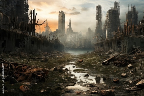 This image depicts a grim cityscape overwhelmed by litter, garbage, and various discarded objects strewn across the ground, A post-apocalyptic cityscape with crumbling buildings, AI Generated
