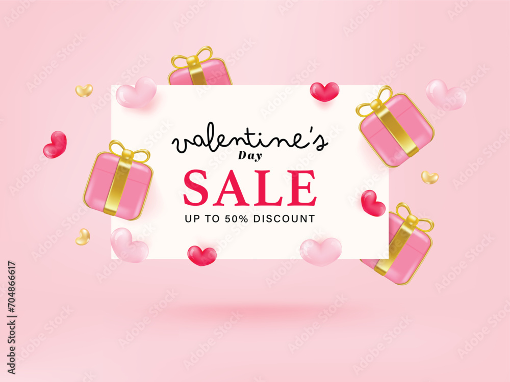 3d gift box and heart frame paper cut on pink background. Valentine's day greeting promotion sale discount offer. 3d gift box and heart frame paper cut on pink background. Valentine's day greeting promotion sale discount offer.