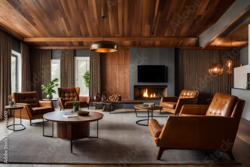 Brown leather chairs and grey sofa in room with fireplace. Mid-century style home interior design of modern living room beautiful view