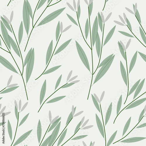Vector seamless pattern of twigs with long leaves of sagebrush color and gray berries