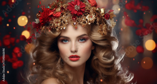 a woman with a red flower crown on her head and a red lipstick on her lips and a gold crown on her head, generative ai