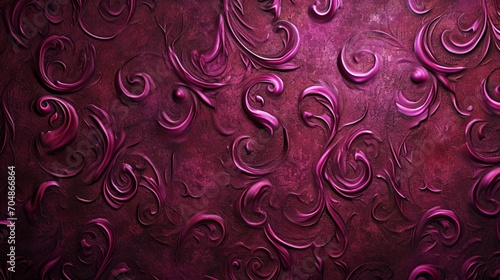 Rich burgundy wall with vibrant intricate swirling patterns of amethyst purple, a sense of regal mystique.