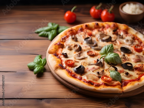 pizza with mushrooms and tomatoes ,pizza with salami and tomatoes , pizza with salami , pizza on wooden board