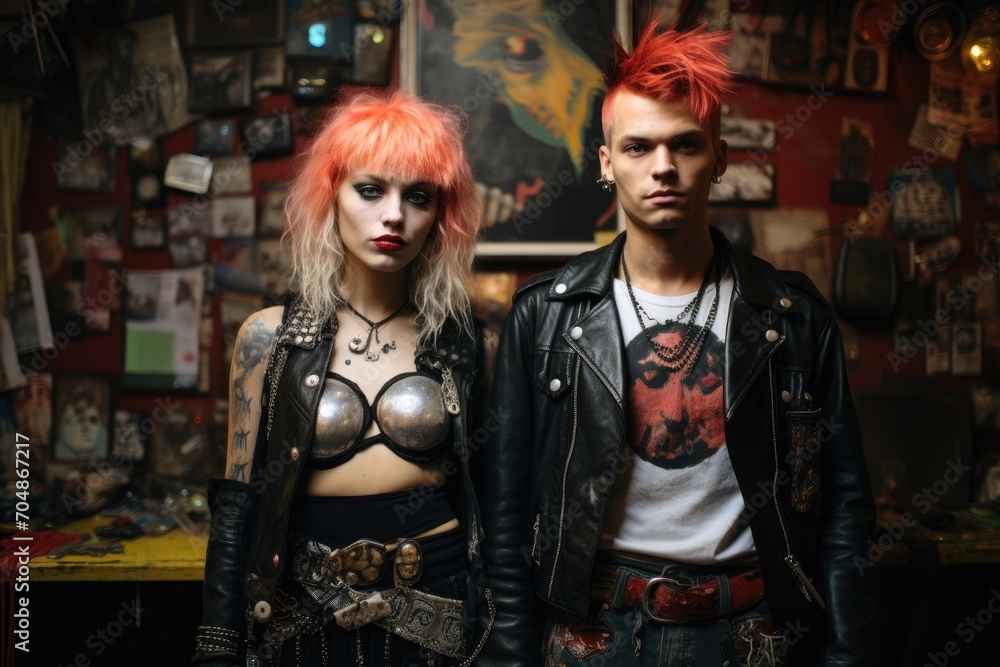A man and a woman standing together, side by side, looking towards the camera, A punk rock concert with eccentric clothing styles, AI Generated