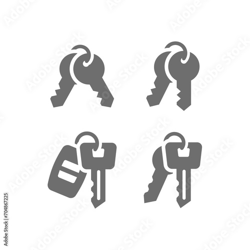 Keyring and keys vector icon set. Car and home key chain icons.