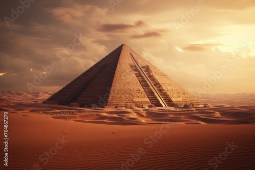 The image depicts a strikingly tall pyramid amidst a vast and seemingly endless desert, A pyramid structure surrounded by desert sands, AI Generated