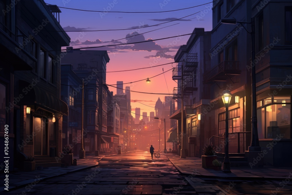 A lone individual strolls down a bustling city street as the sun sets in the background, A quiet street corner in a bustling city at dawn, AI Generated