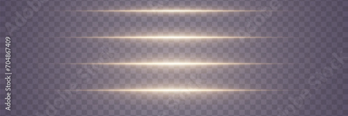 Set of light effects on a transparent background. Golden horizontal glowing neon lines. Golden glowing dust and glare of light. Vector illustration. EPS 10