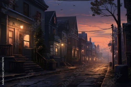 This painting depicts a city street with glowing lights and shadowy figures under a moonlit sky, A quiet street corner in a bustling city at dawn, AI Generated
