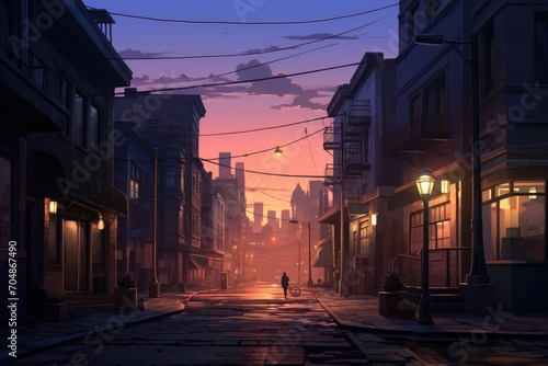 A lone individual strolls down a bustling city street as the sun sets in the background, A quiet street corner in a bustling city at dawn, AI Generated