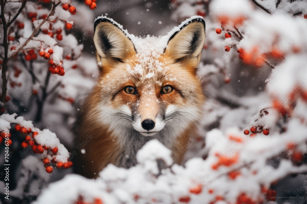 A captivating image of a red fox in a snowy forest making eye contact with the camera, A red fox lurking in the bushes during a snowfall, AI Generated A captivating image of a red fox in a snowy forest making eye contact with the camera, A red fox lurking in the bushes during a snowfall, AI Generated