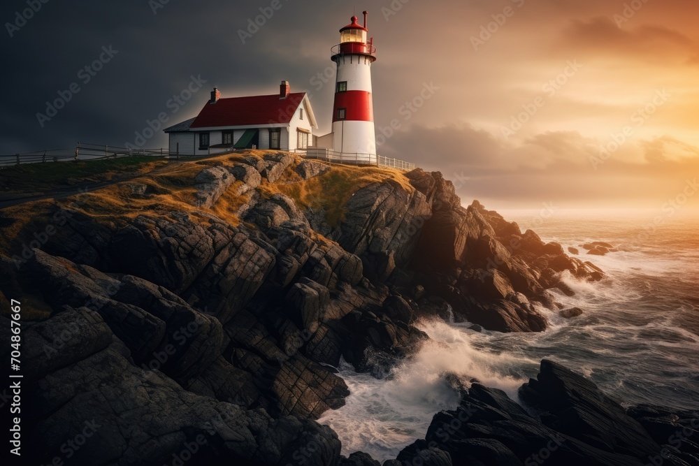 A stunning lighthouse standing atop a rugged cliff overlooking the vast ocean waves, A remote lighthouse home on a rugged coast, AI Generated